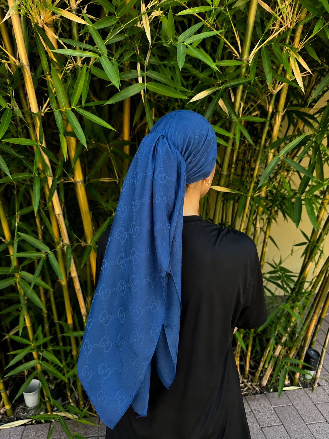 G. inspired navy rectangle metallic headscarf