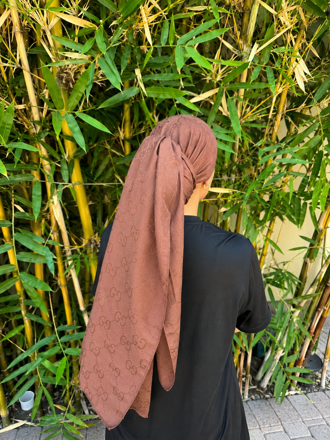 G. inspired chocolate-brown rectangle metallic headscarf