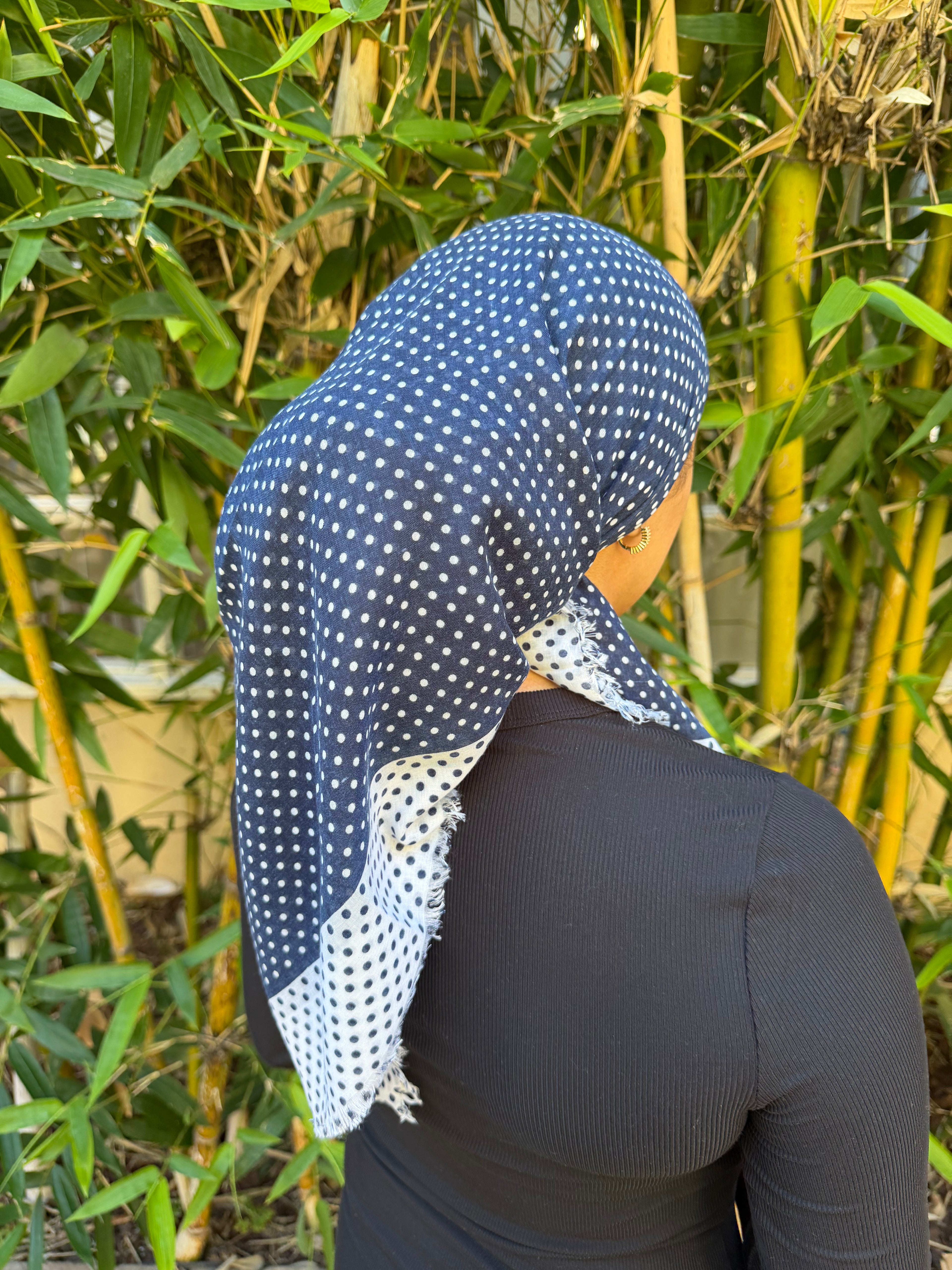 Navy and white Polka dot cotton headscarf