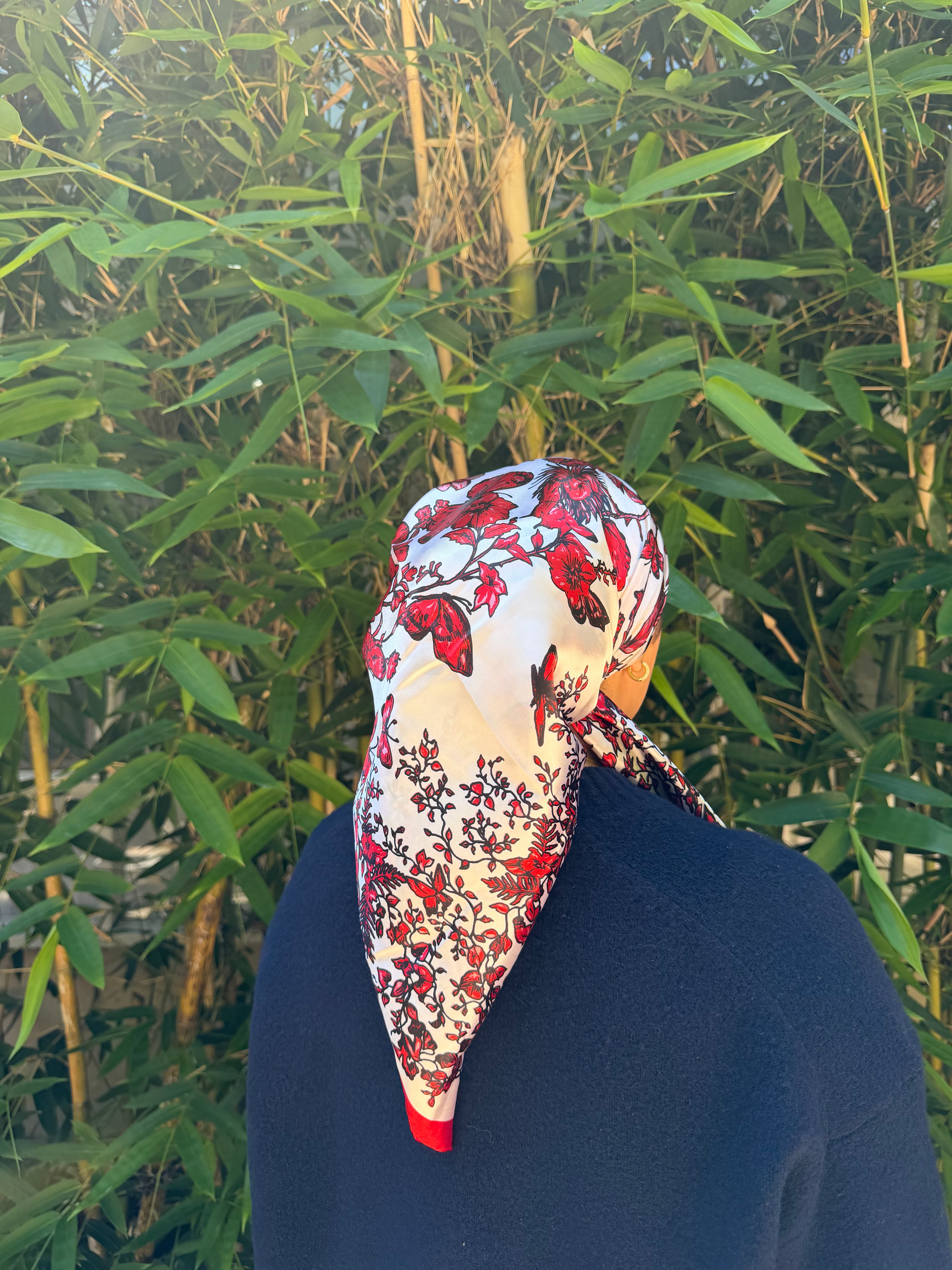 Butterfly print red and cream satin headscarf