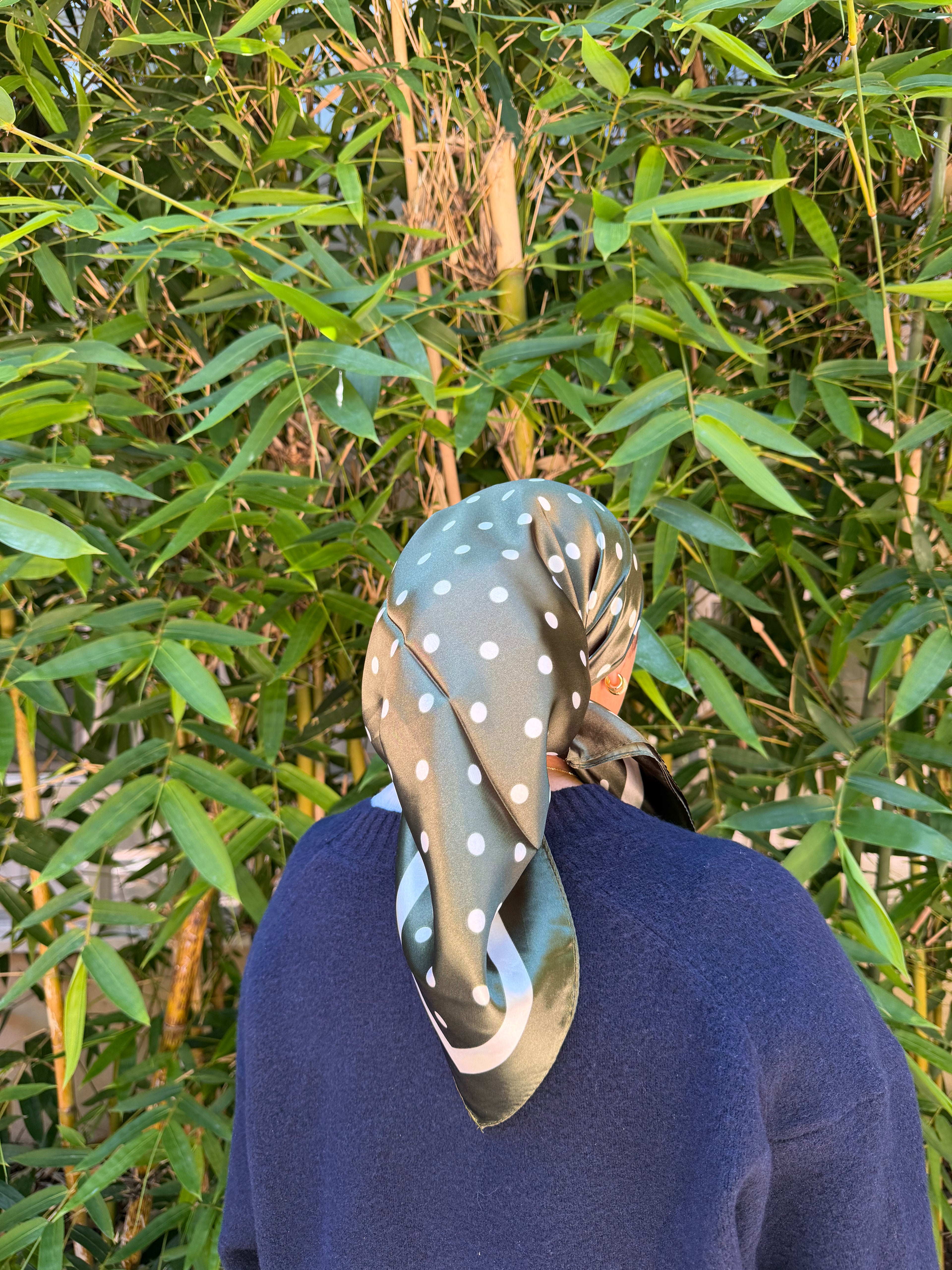 Polka Dot green satin headscarf
