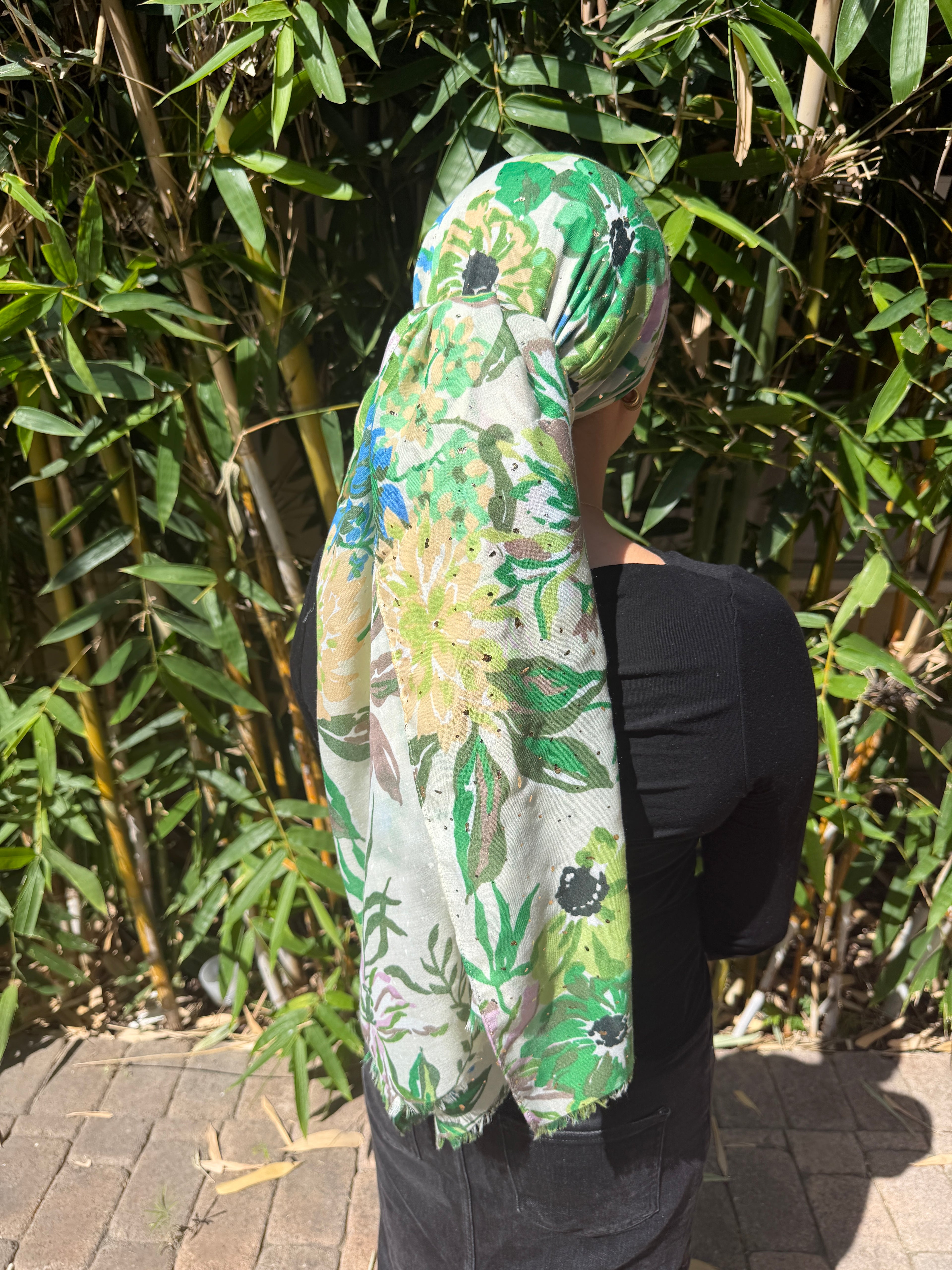 Green Floral rectangle headscarf with metallic detail