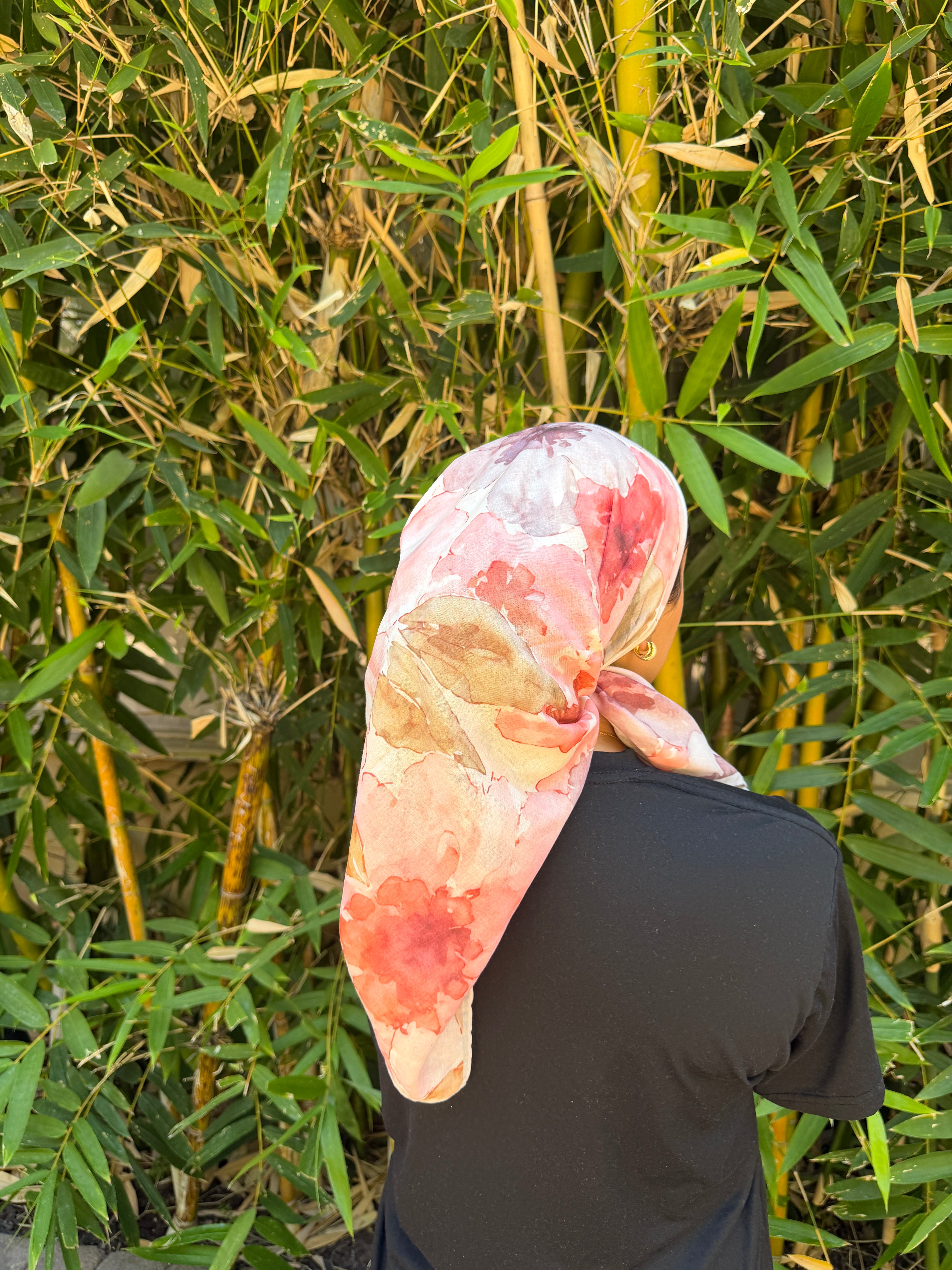 Coral and gold floral headscarf