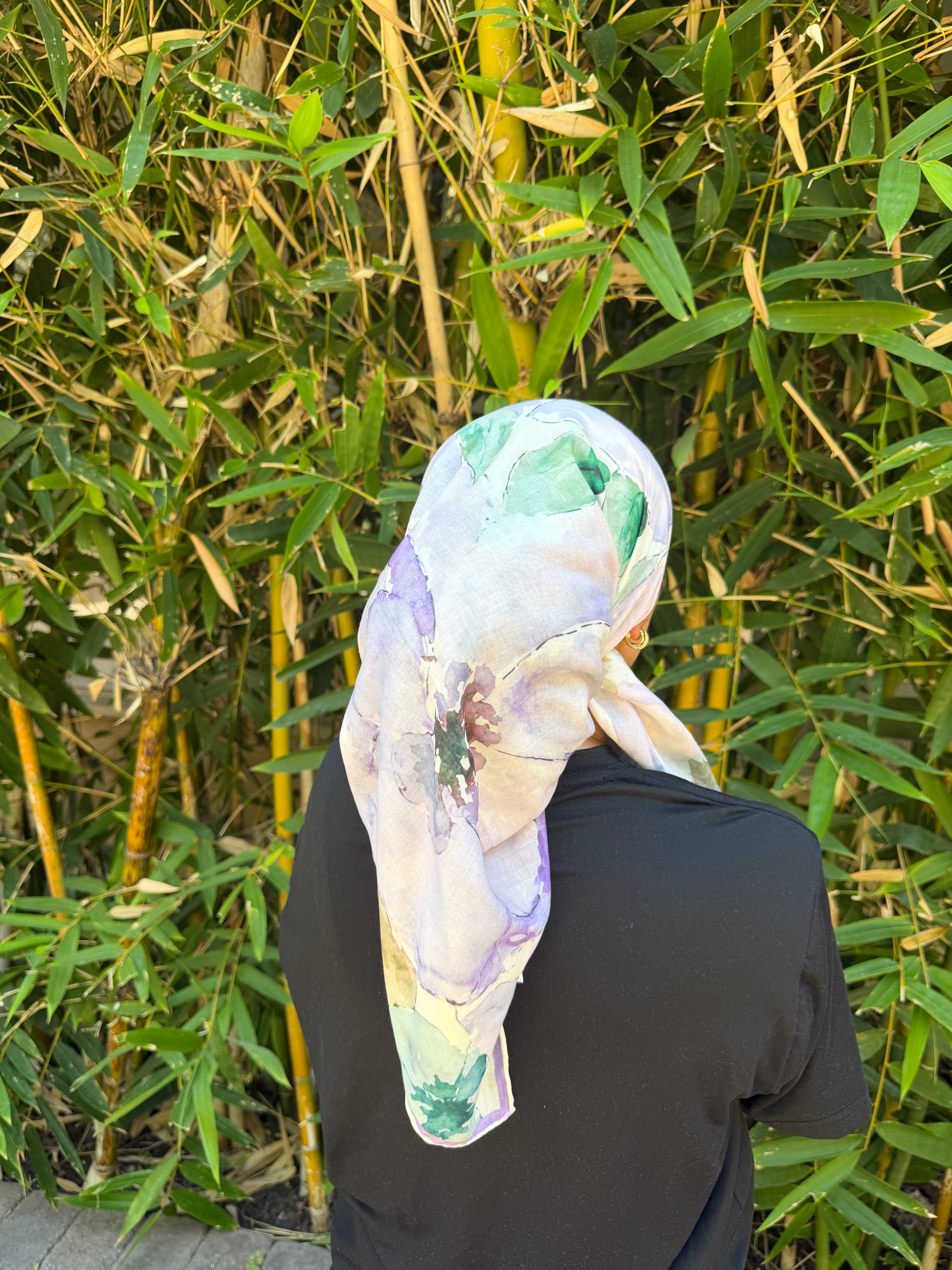 Purple and green floral headscarf