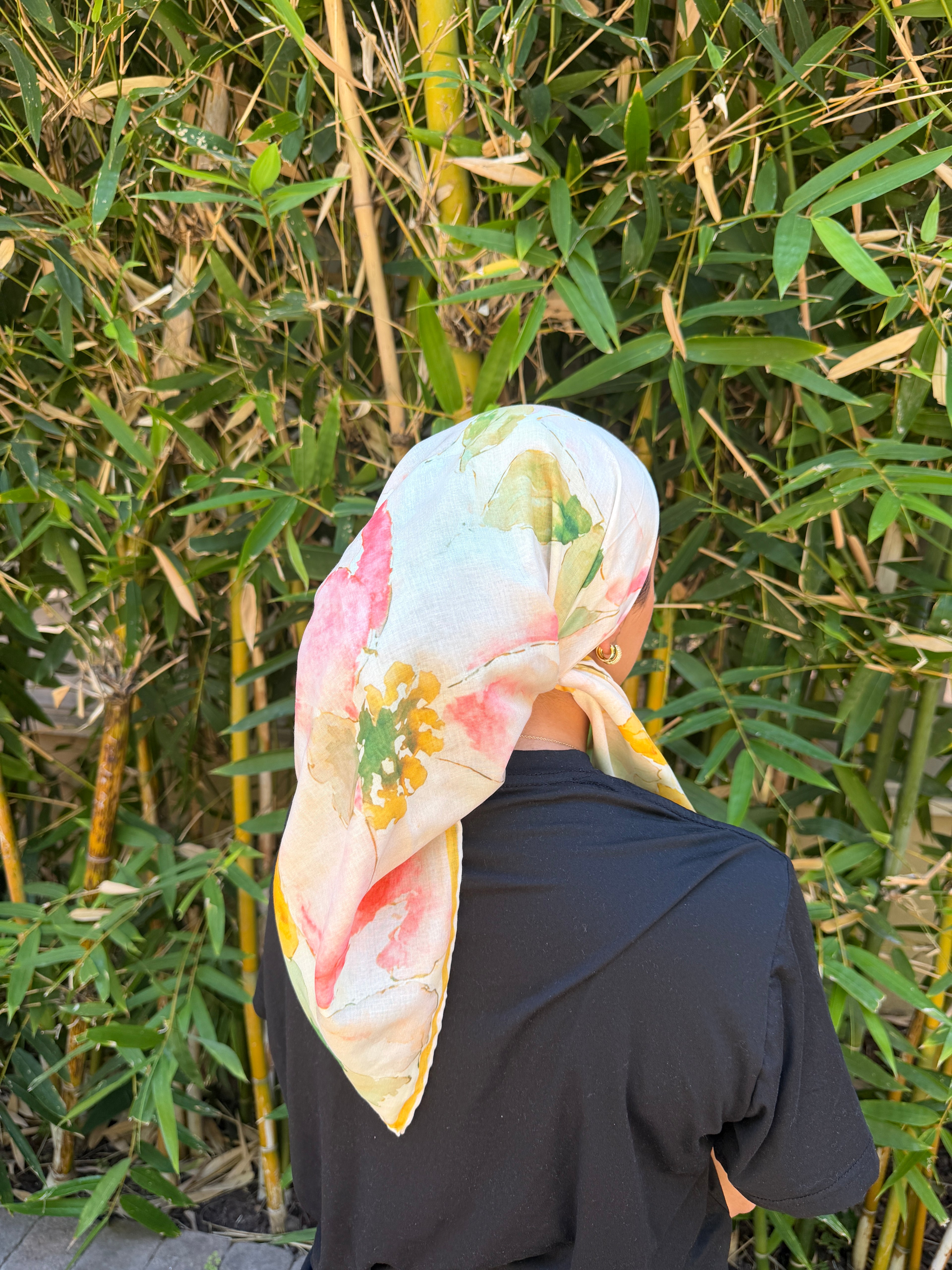 Pink and yellow floral headscarf