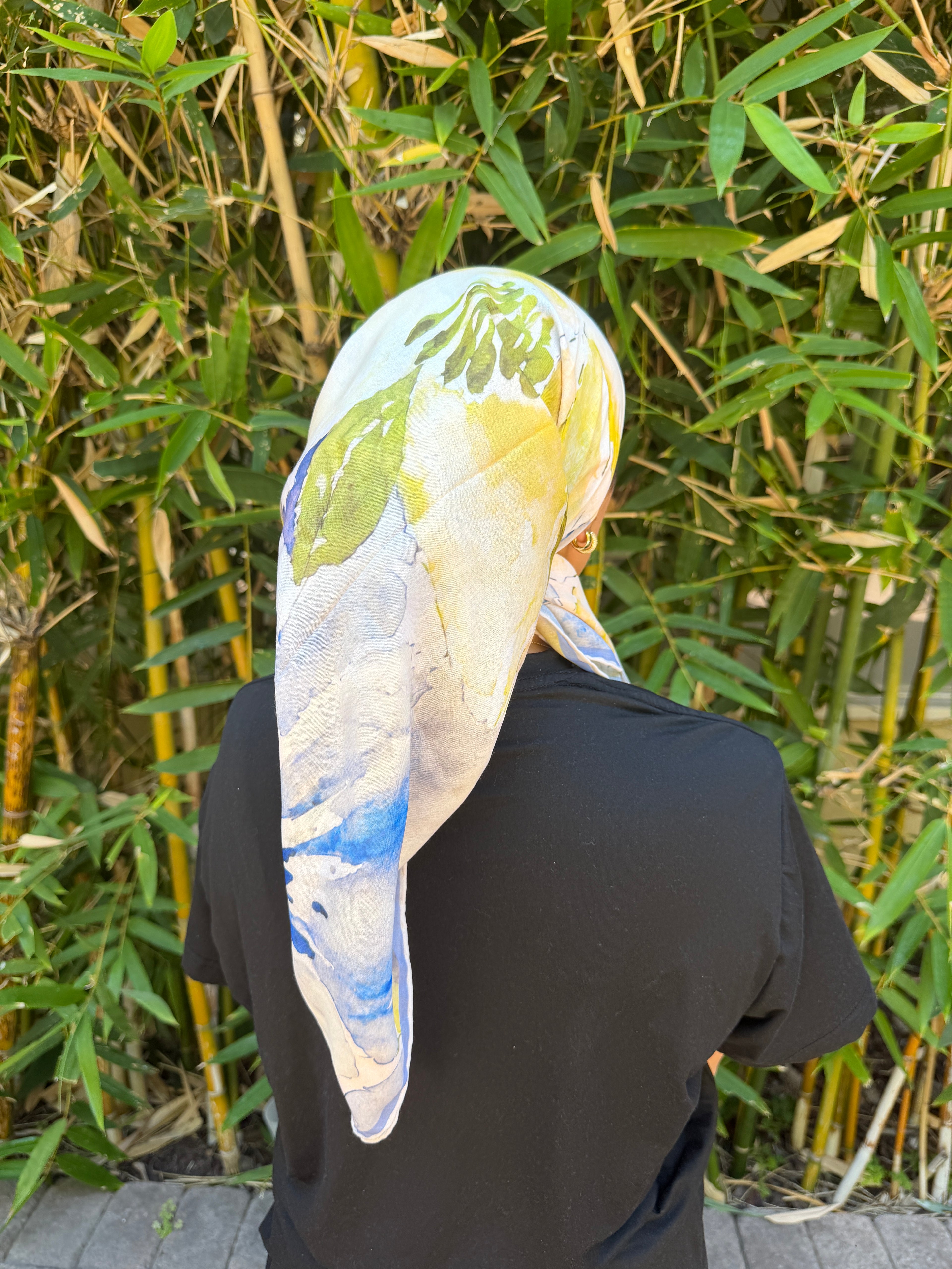 Blue and yellow floral headscarf
