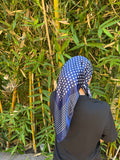 Navy polka dot satin headscarf