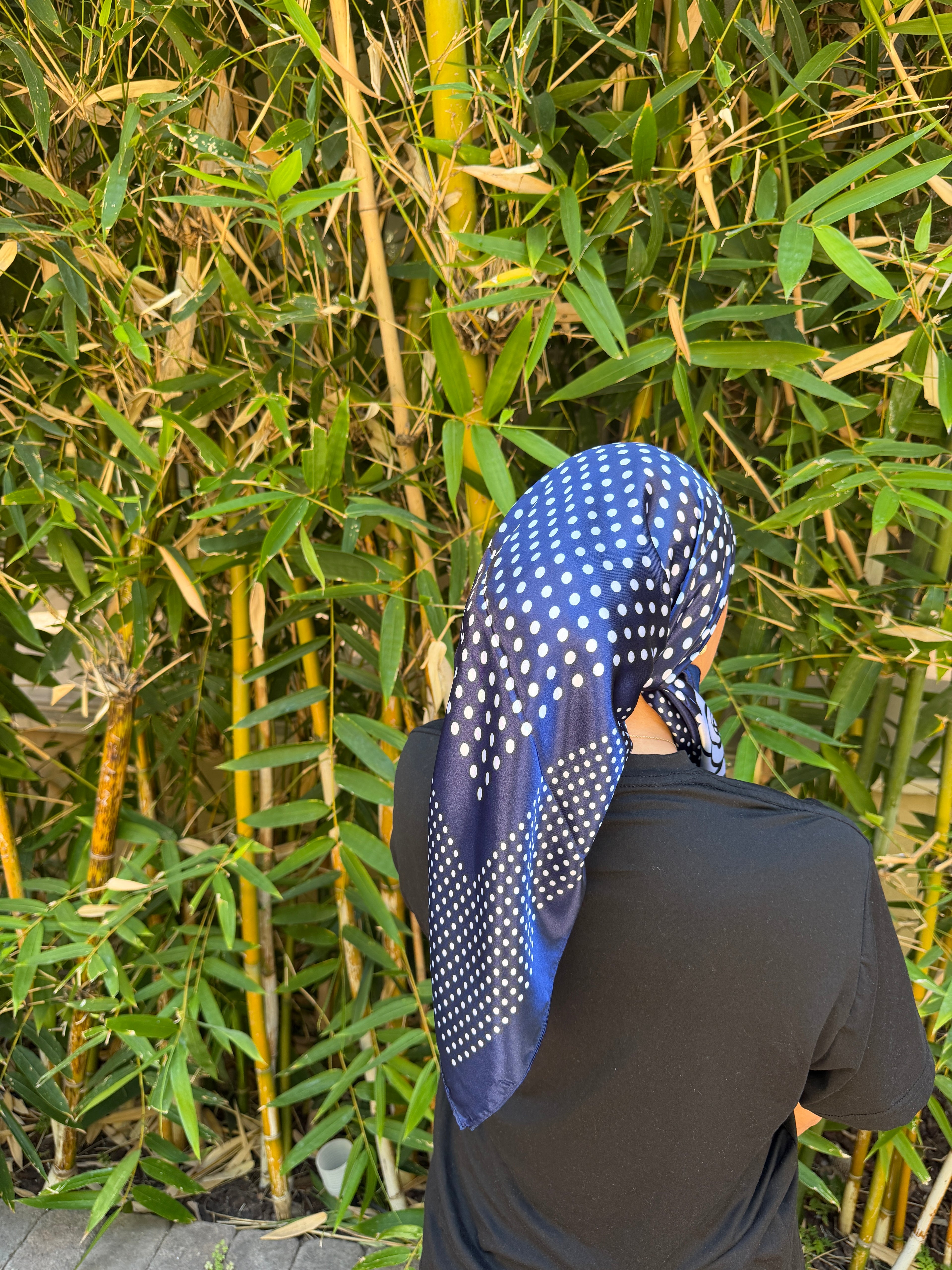 Navy polka dot satin headscarf