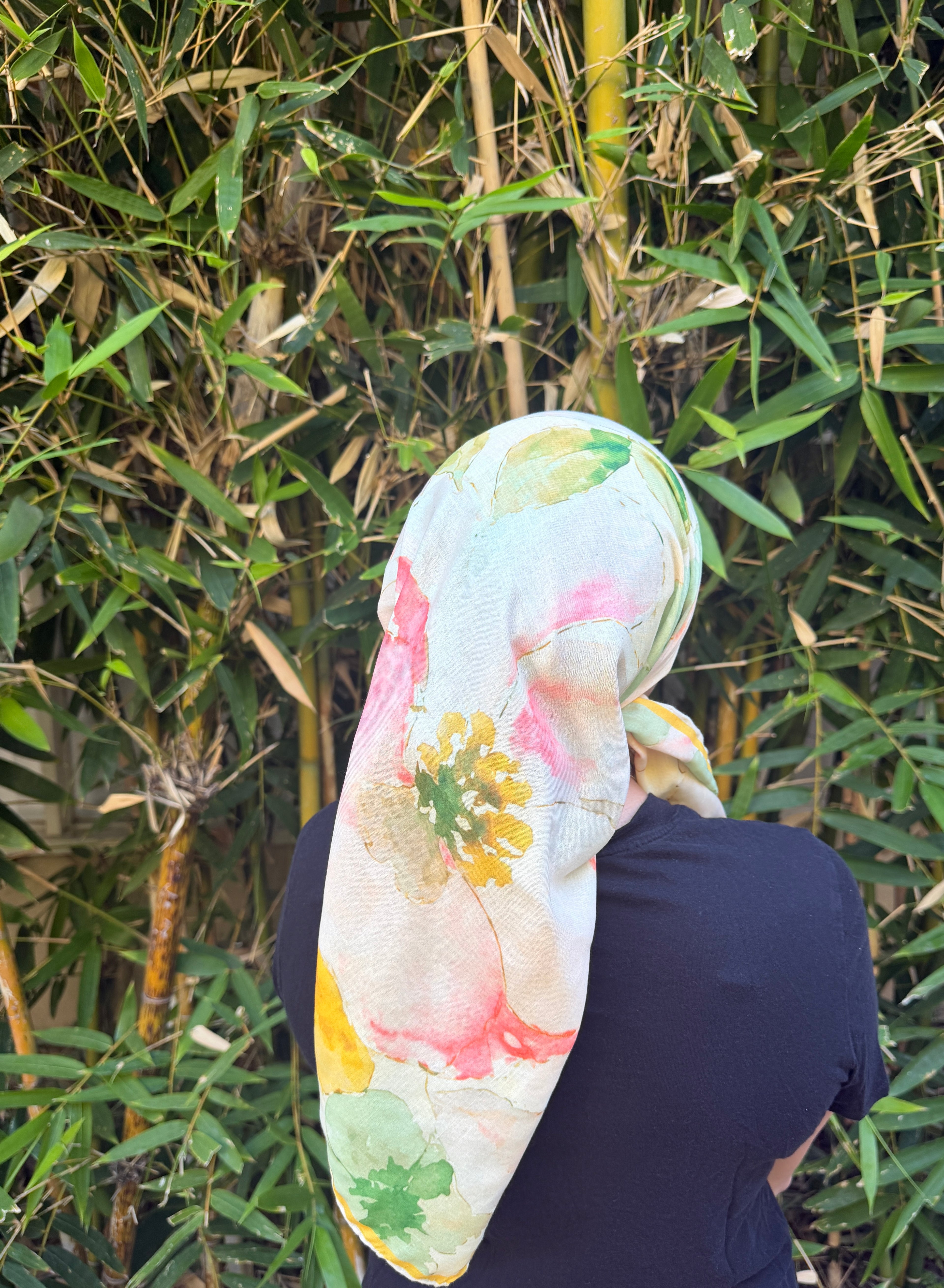 Floral green and pink watercolor headscarf